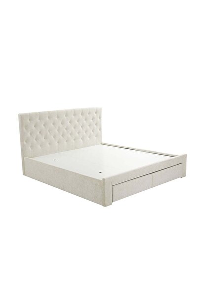Danube Home Bacia 180x200 King Bed with 2 Front Drawers - Beige Fabric Upholstery - 2-Year Warranty