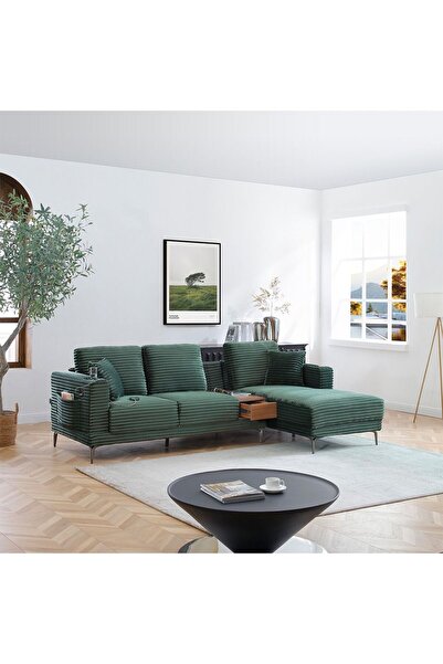 Danube Home Urvi Fabric Right Corner Sofa - Green | Stylish & Comfortable | 2-Year Warranty | Wood & Fabric