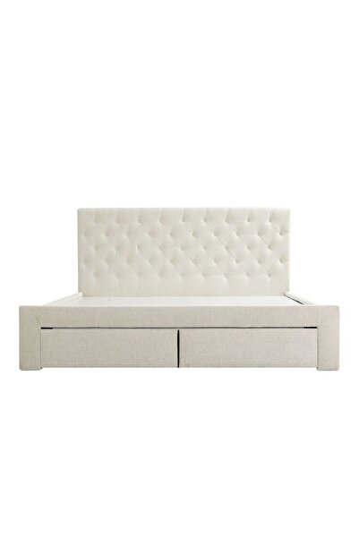 Danube Home Bacia 180x200 King Bed with 2 Front Drawers - Beige Fabric Upholstery - 2-Year Warranty