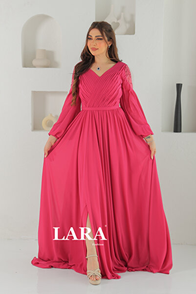 Lara فستان سهرة طويل بلون فوشي فاخر من
