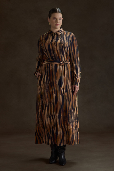 Aker Kahverengi Desenli Viscon Elbise