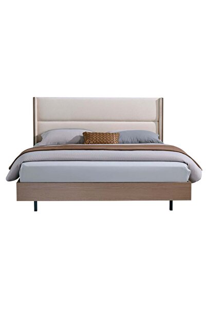 Danube Home Allison 180x200 Floating King Bed with LED - Beige & Natural Oak, Fabric, 2-Year Warranty