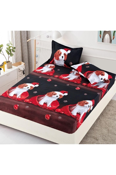 CHIRASO CHIRASO Bed Cover Set, Christmas Theme, FINE, ELASTIC 180x200cm and 2 Pillowcases, Puppy