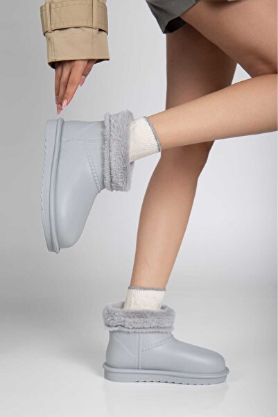 Dubais Shoes GRİ SU GEÇİRMEZ KADIN GÜNLÜK İÇİ KÜRKLÜ DÜZ TABAN HAFİF BOT K100