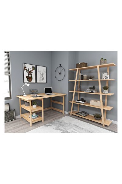 Vivense WOODFACE SOFTCİTY DOĞAL AHŞAP İKİ BÖLÜM ÇALIŞMA MASASI VE KİTAPLIK TAKIMI, NATUREL