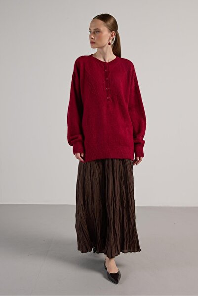 minaaise Women's Burgundy Button Detailed Oversized Yumoş Sweater 30031