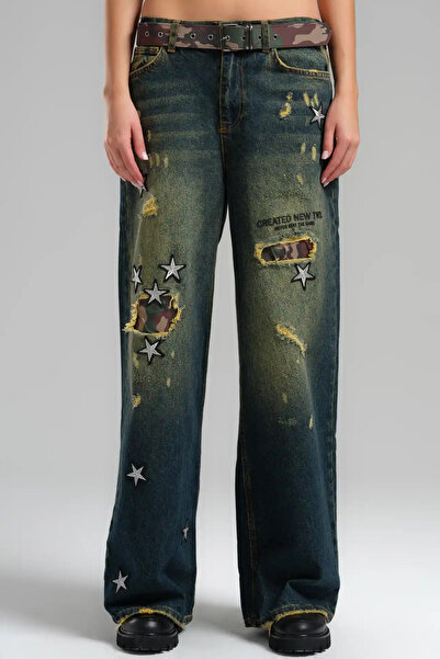 its basic tw3 Jean Yıldız Arma Detaylı Kamuflaj Kemerli Kadın Palazzo Jean