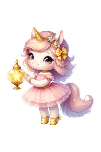 OEM Autocolant din vinil cu unicorn care ține o lampă cu stea, rochie roz, bo...
