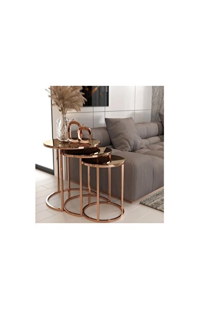 Vivense TUBİHOME SEHPA TAKIMI, ROSE GOLD AYAK, BRONZ CAM