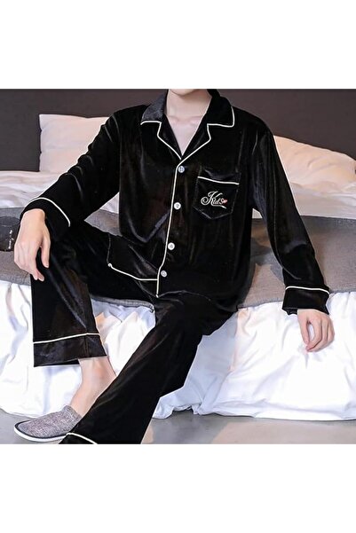 Margoun Men Pyjamas Set Nightwear Two-Pieces Velvet Sleepwear Shirt Pants MG16 -Black