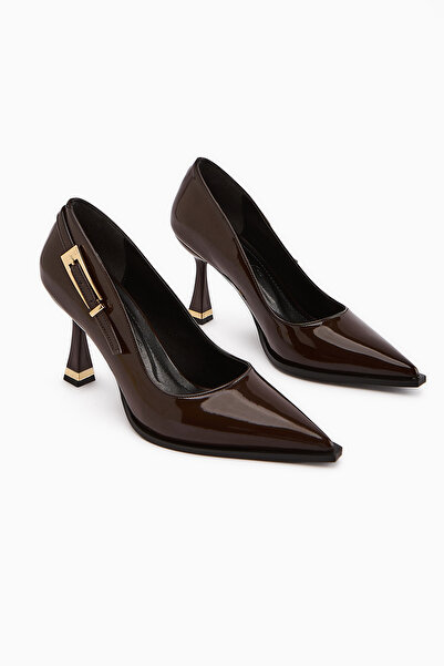 Limoya Mithra Brown Patent Leather Pointed Toe Buckle Detailed Heeled Shoes