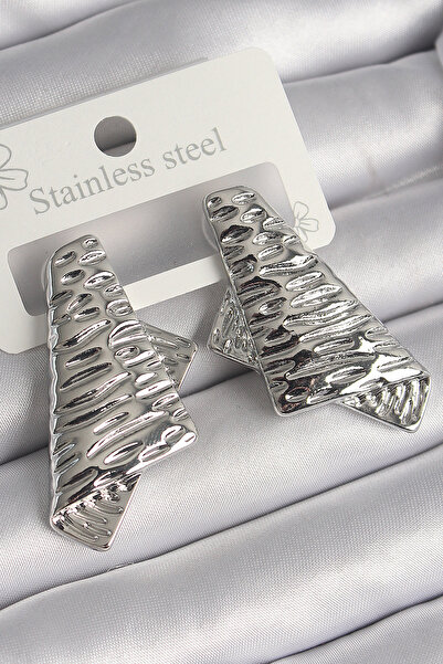 Skygo Brass Silver Color Processing Detailed Folded Square Plate Model Women's Earrings - Tj-Bkp10222