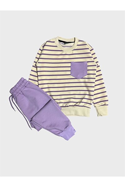 ALİŞ KİDS Σετ αθλητικής φόρμας για κορίτσια από βαμβακερή κρέμα λιλά ριγέ μακρυμάνικο