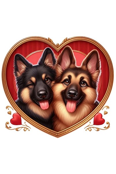 OEM Autocolant cu cățelușă și câine, ramă în formă de inimă, bordură albă, PV...