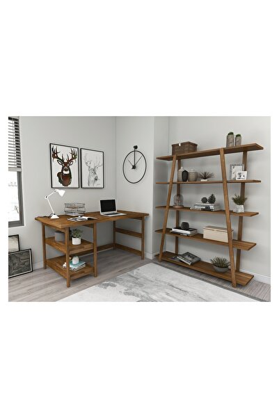 Vivense WOODFACE SOFTCİTY DOĞAL AHŞAP İKİ BÖLÜM ÇALIŞMA MASASI VE KİTAPLIK TAKIMI, CEVİZ