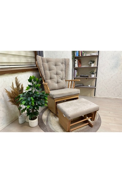 Vivense ASEDİA MAMA PUFLU SALLANAN SANDALYE, BEJ, NATUREL AHŞAP AYAK