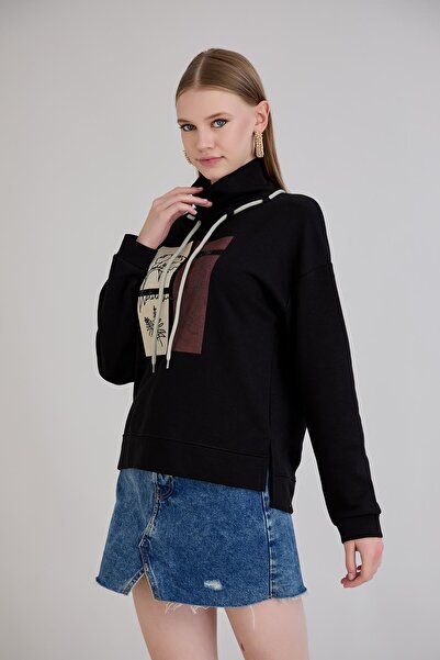 Sortie Women's Drawstring Turtleneck Long Back Midi Length Drawstring Black Sweatshirt