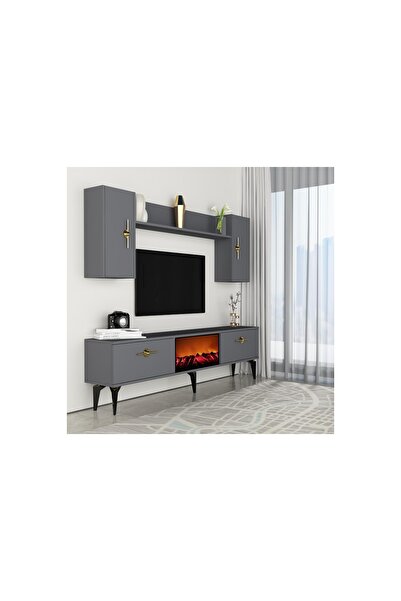 Vivense ZENİT ŞÖMİNELİ TV ÜNİTESİ TAKIMI, ANTRASİT, 150 CM