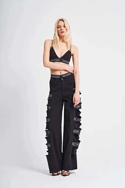 it's basic tw3 Yanları Kesik ve Şerit Detaylı Kadın Tasarım Palazzo Jean