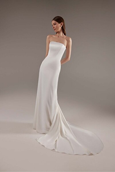 bontesel Strapless Satin Crepe Gloves Fish Model White Engagement Dress Promise Dress Wedding Dress Wedding Gown