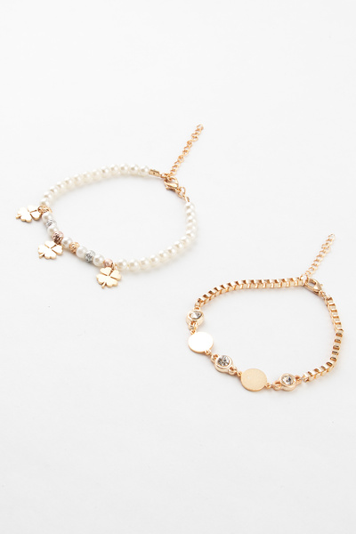 Sortie Aksesuar İnci Yonca ve Zirkon Taş Figürlü 2'Li Kombin Bileklik Seti