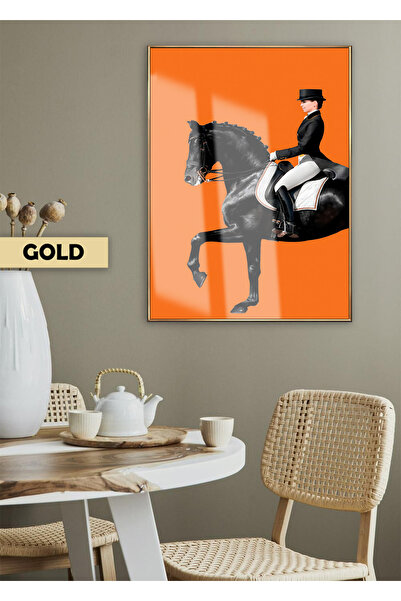 Harikabirev HARİKABİREV | CULOARE PORTOCALIE MODEL JOKEY FEMEI ȘI CAL-01 | TABLA DE STICLA TEMPLATA CU CADRU, SIMPLE, VERTICALA