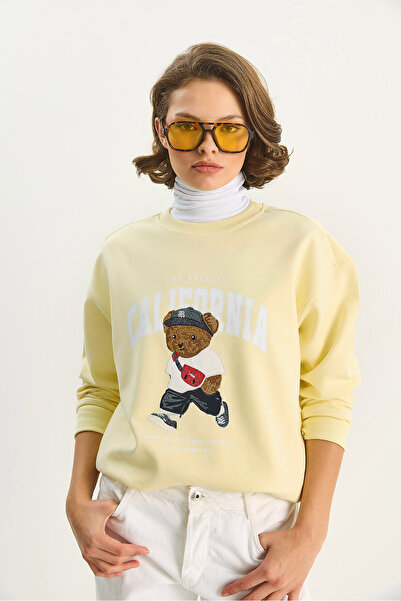 Bianco Lucci Women's Crew Neck Teddy Embroidered Print Detailed Relaxed Sweatshirt 10418 60283695