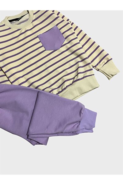 ALİŞ KİDS Σετ αθλητικής φόρμας για κορίτσια από βαμβακερή κρέμα λιλά ριγέ μακρυμάνικο