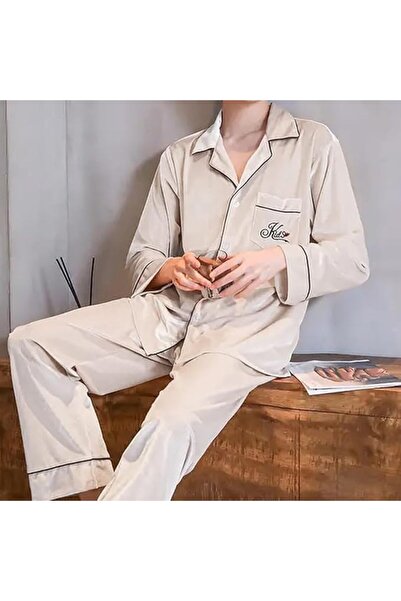 Margoun Men Pyjamas Set Nightwear Two-Pieces Velvet Sleepwear Shirt Pants MG16 -Gold