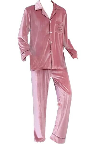 Margoun Men Pyjamas Set Nightwear Two-Pieces Velvet Sleepwear Shirt Pants MG16 -Sand Pink
