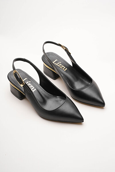 Lizzu Women's Gold Detailed Heeled Shoes Vorina Black Skin