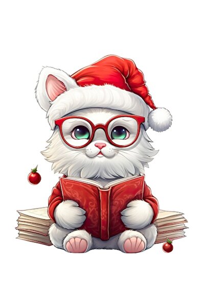 OEM Autocolant: pisică albă veselă ținând o carte, pălărie de Crăciun, bordur...