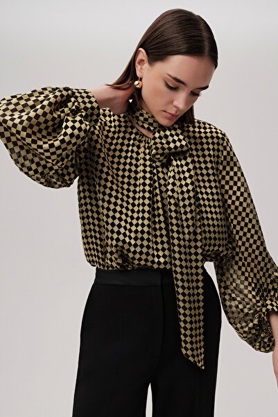 Exquise Patterned Balloon Sleeve Tie-Up Gold Black Blouse