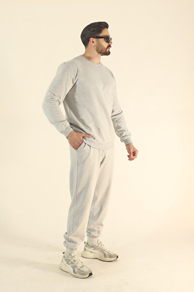 EydaMoon Men's Winter Fleece-Lined Tracksuit Set Crew Neck Sweatshirt Jogger - Gray Regular Elasticated Legs