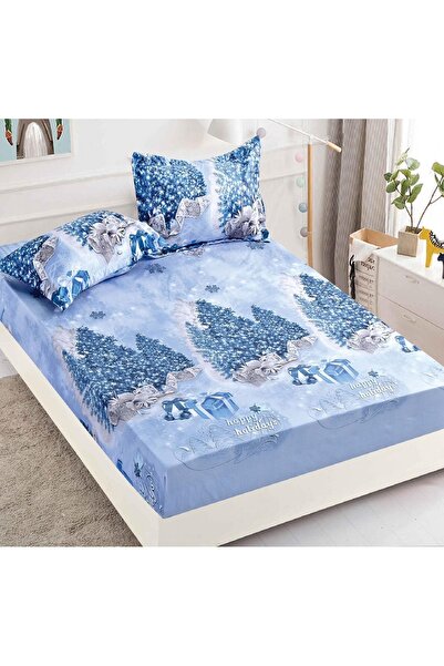 CHIRASO Set Husă de Pat CHIRASO, Tematică Crăciun, FINET, ELASTIC 180x200cm și 2 Fețe Pernă, Braduți