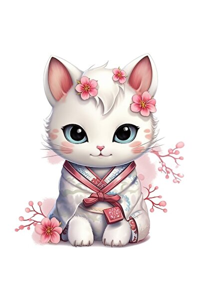 OEM Autocolant cu un pisoi în ținută tradițională japoneză, ilustrație floral...