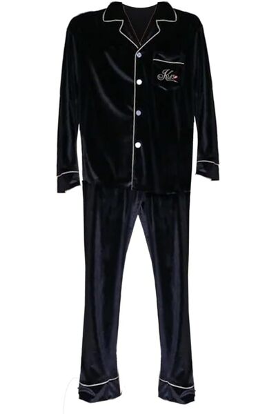 Margoun Men Pyjamas Set Nightwear Two-Pieces Velvet Sleepwear Shirt Pants MG16 -Black