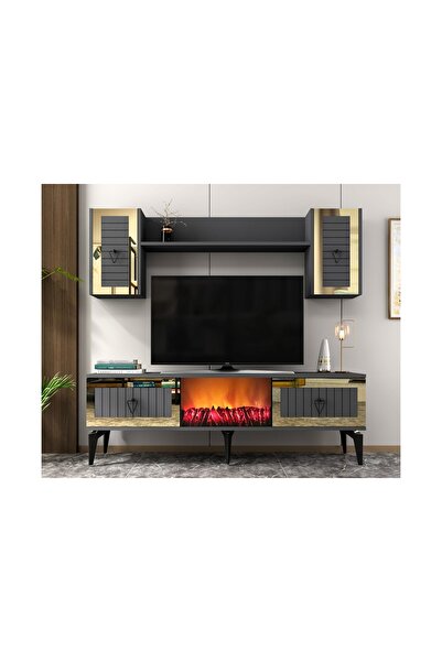 Vivense LİİNDA TV ÜNİTESİ ŞÖMİNELİ TAKIM, ANTRASİT ALTIN, 150 CM