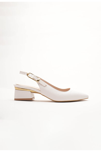 Lizzu Women's Gold Detailed Heeled Shoes Vorina White Skin