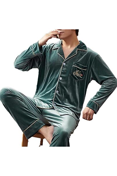 Margoun Men Pyjamas Set Nightwear Two-Pieces Velvet Sleepwear Shirt Pants MG16 -Green