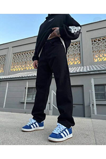 DIRECTIVE JEANS بنطلون رجالي فضفاض بأرجل واسعة، جينز فضفاض أسود قابل للغسل، لون كاكي موحد