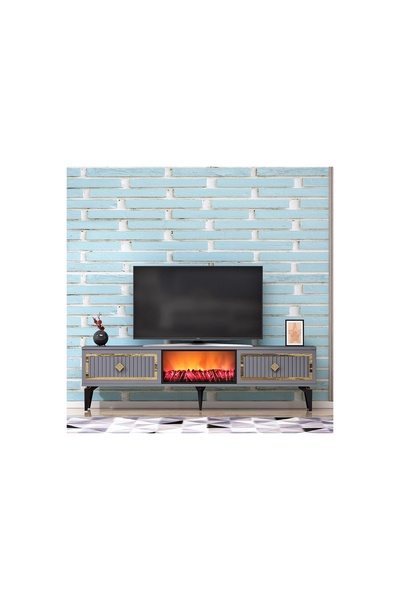 Vivense FLLAME ŞÖMİNELİ TV SEHPASI, ANTRASİT ALTIN, 150 CM