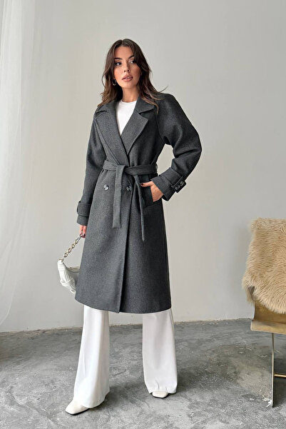 Neşeli Butik palton de damă cu detaliu de curea, căptușit, cu broderie NBG120