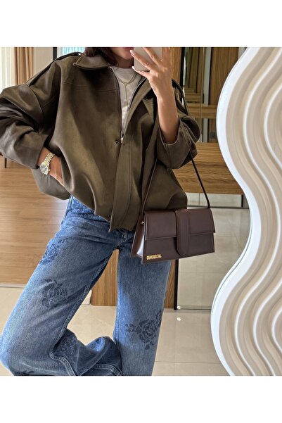 Nil's BUTİK Wide Fit Suede Bomber Jacket with Epaulettes