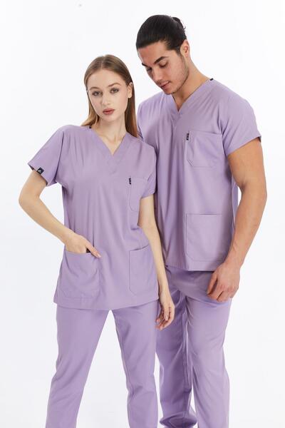 Çatı Medikal Happiness Basic - Stretch Fabric Doctor Nurse Scrubs Single Top Surgical Uniform (Unisex), Lilac