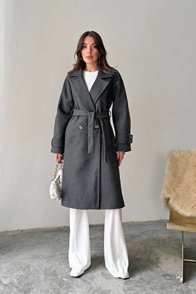 Neşeli Butik palton de damă cu detaliu de curea, căptușit, cu broderie NBG120