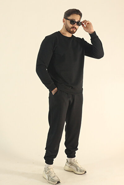 EydaMoon Ανδρικό χειμερινό σετ αθλητικών φορμών με φλις εσωτερικά, φούτερ με λαιμόκοψη, Jogger - Μαύρο, κανονικό ελαστικό πόδι