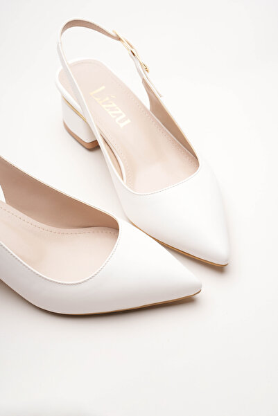 Lizzu Women's Gold Detailed Heeled Shoes Vorina White Skin