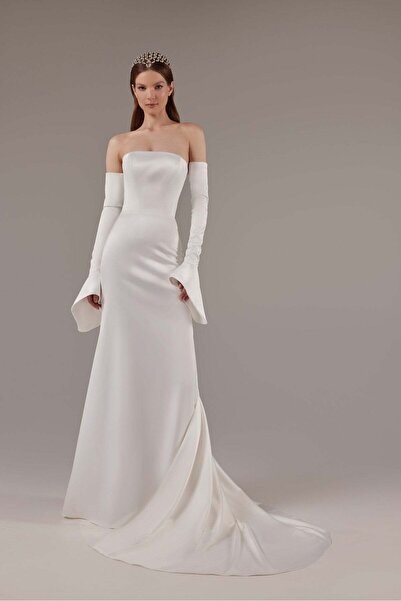 bontesel Strapless Satin Crepe Gloves Fish Model White Engagement Dress Promise Dress Wedding Dress Wedding Gown