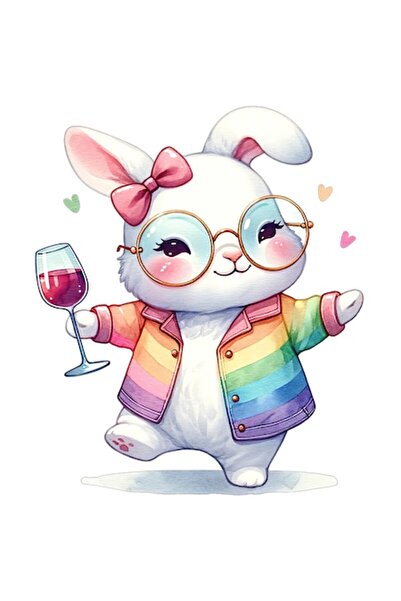 OEM Cheerful Rabbit Sticker, smiling, bow, gold-frame glasses, wine glass, white edges, PVC Vinyl 10 cm